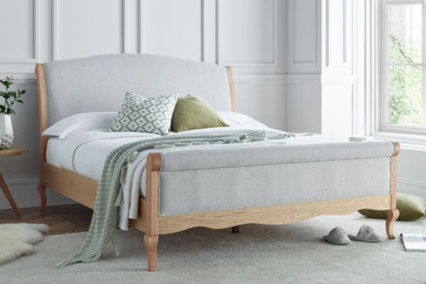 Belle Oak Fabric and Wooden Scroll Bed