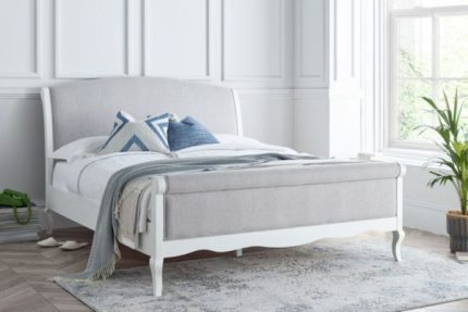 Belle White Fabric and Wooden Scroll Bed