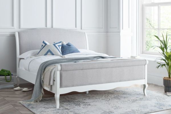 Belle White Fabric and Wooden Scroll Bed