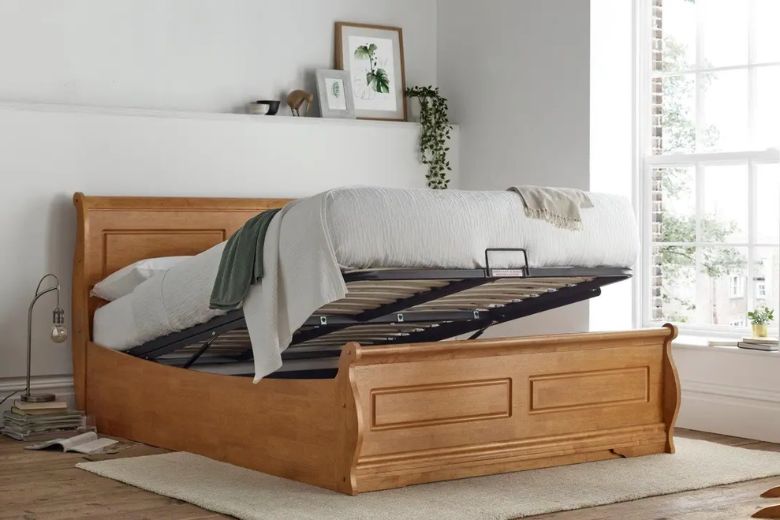 wooden sleigh bed with ottoman storage